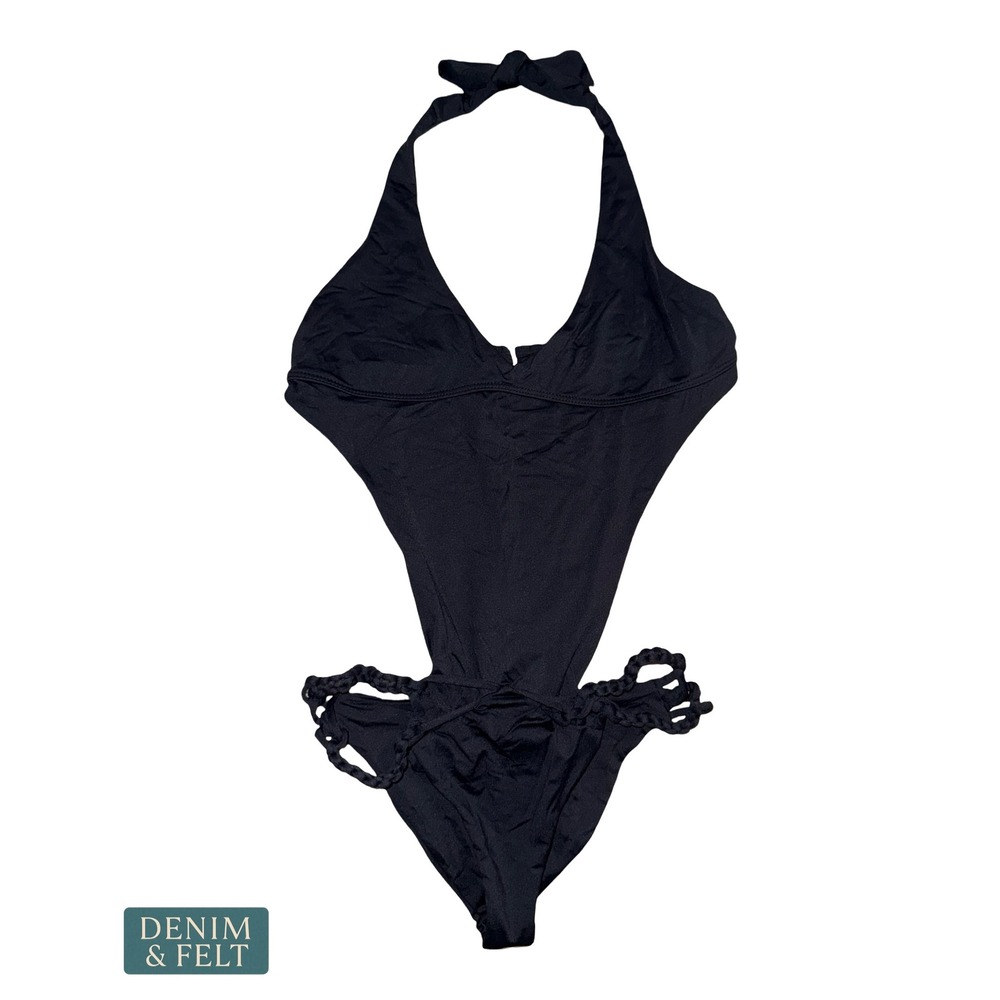 Frankies Bikinis Black Open Back Monokini Halter Swimsuit Braided Sides Large